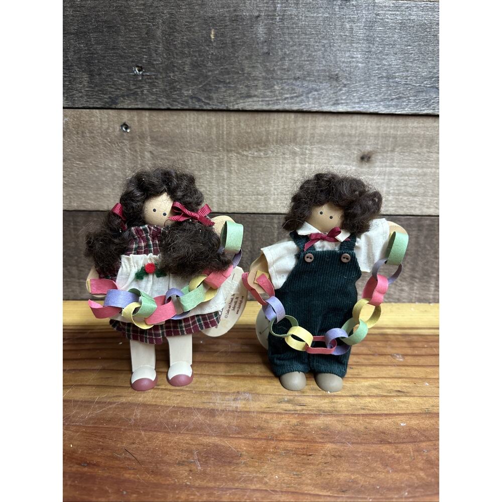 lizzie high wooden dolls “ Little Ones At Christmas” Boy And Girl With Garland